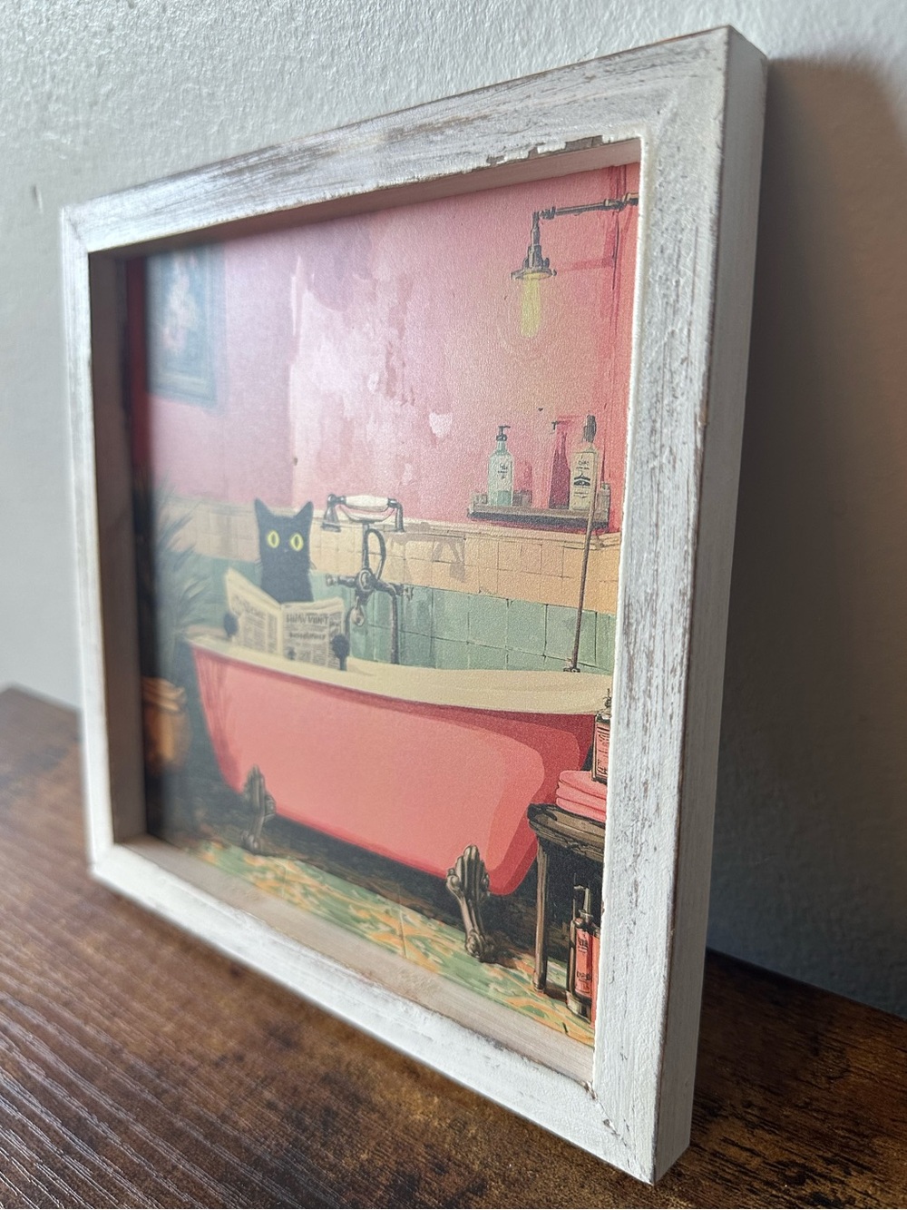 Framed Wooden Cat in Pink Bathtub Cat w/ Newspaper Wall Art Home Bath Decor NWT - Picture 2 of 4
